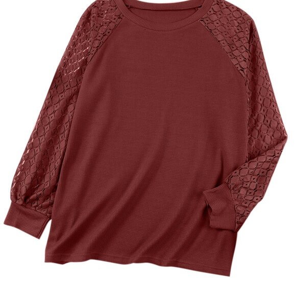 Red Eyelet Lace Raglan Sleeve Drop Shoulder Plus Size Top - Picture 5 of 11